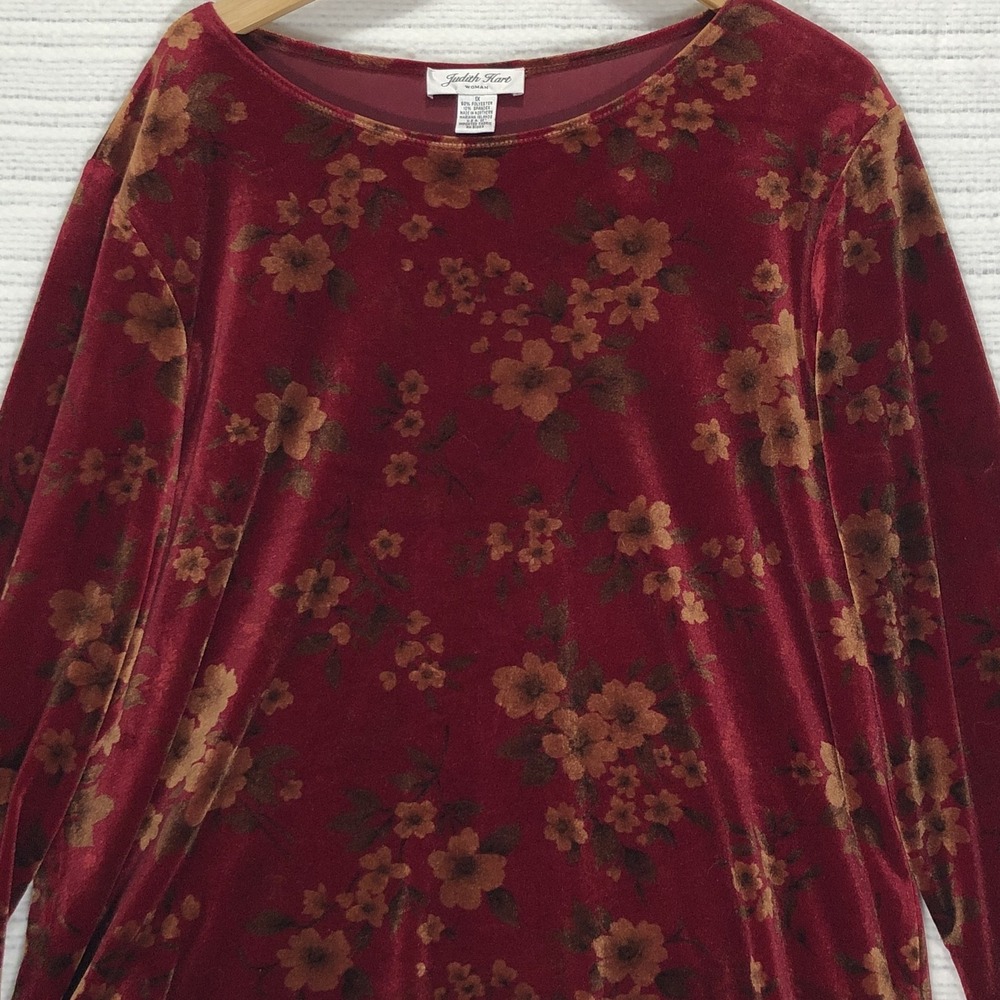 Judith Hart Velvet Top Floral Print Long Sleeve Blouse Elegant 1X‎